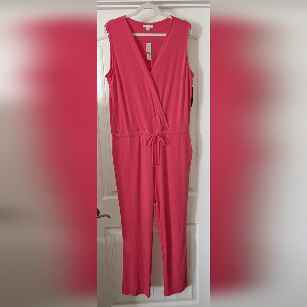 New York & Company Pink V-Neck Jumpsuit